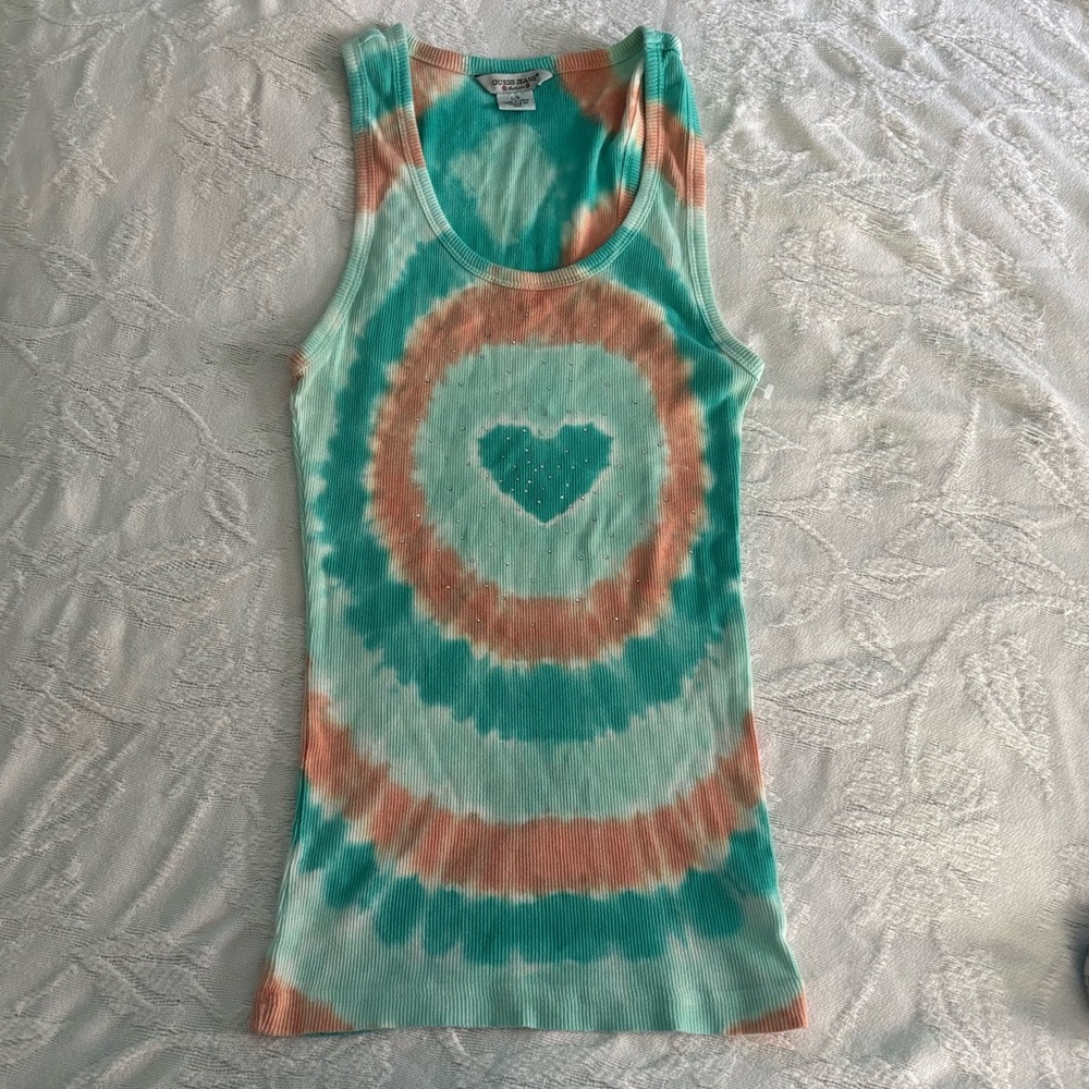 Guess Jeans Vintage Y2K Heart Tie Dye Blue and Pink Aura Embellished Tank Top L